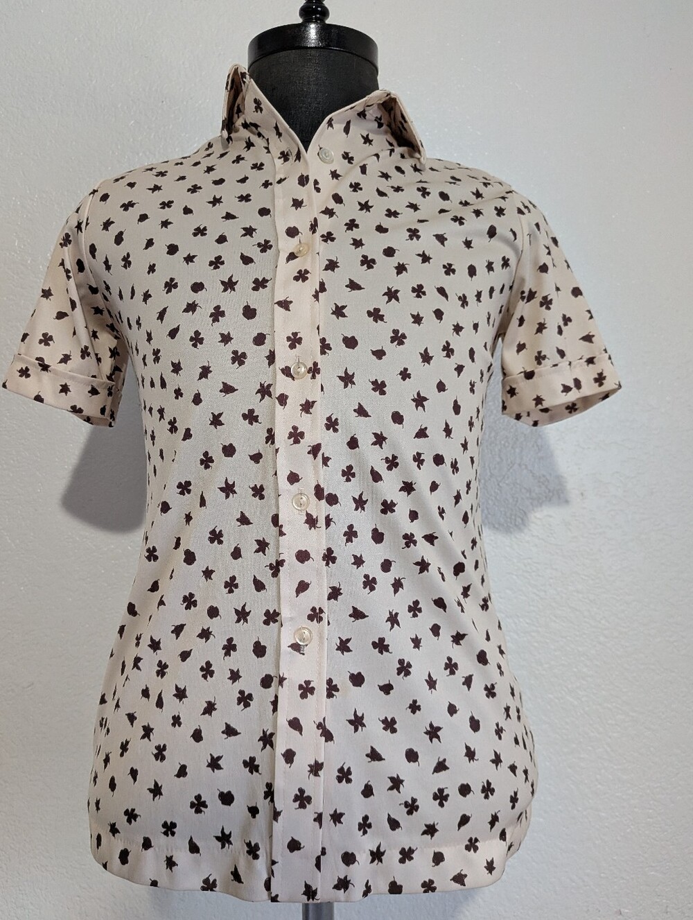 Vintage 70 Sears Short-Sleeve Unisex Button-Up Shirt in Cream with Brown Print